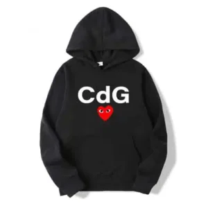 CDG Red Heart Print Play Hoodie -Front - Black