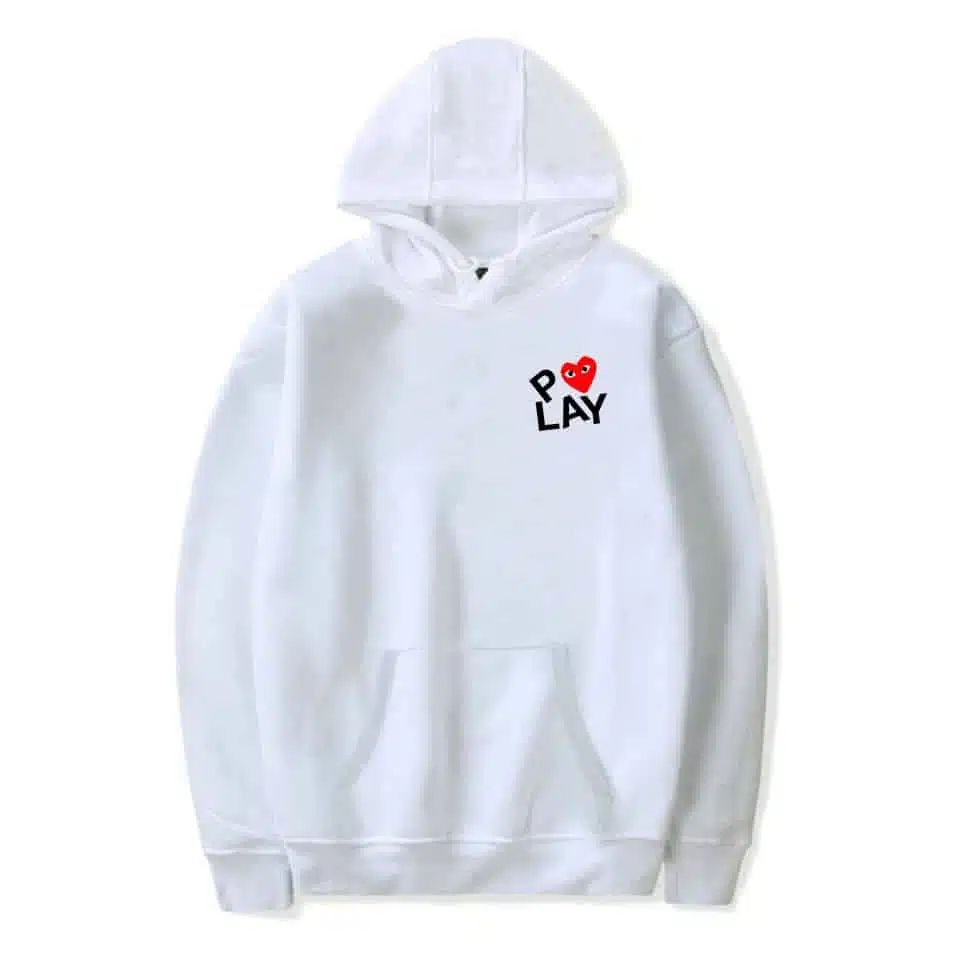 CDG With Red Heart Printed Hoodie - Front - White