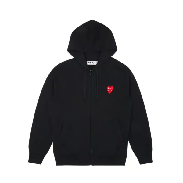CDG Zip Up Double Heart Hoodie - Black - Front