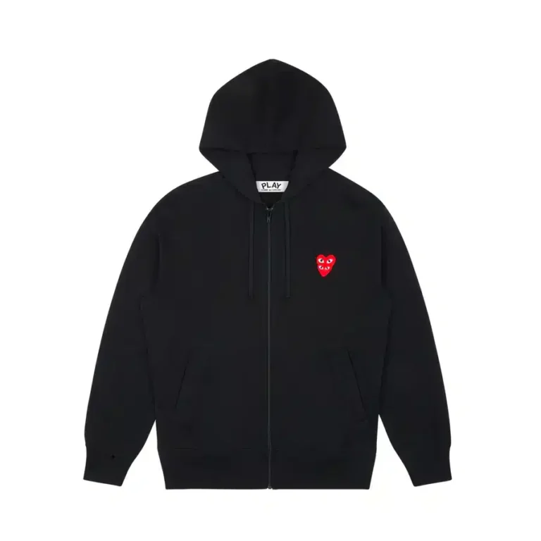 CDG Zip Up Double Heart Hoodie - Black - Front
