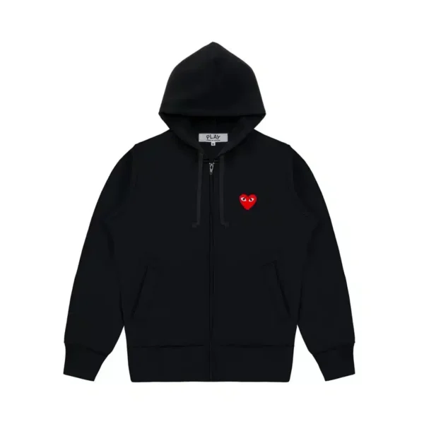 CDG Zip Up Single Heart Hoodie - Black - Front